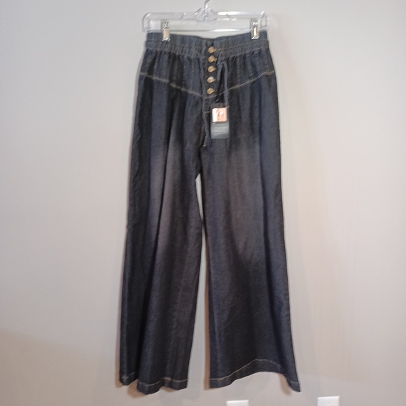 Chartou Baggy Wide Leg Jeans Elastic Mid Waist Dark Wash Size M New - Picture 2 of 10